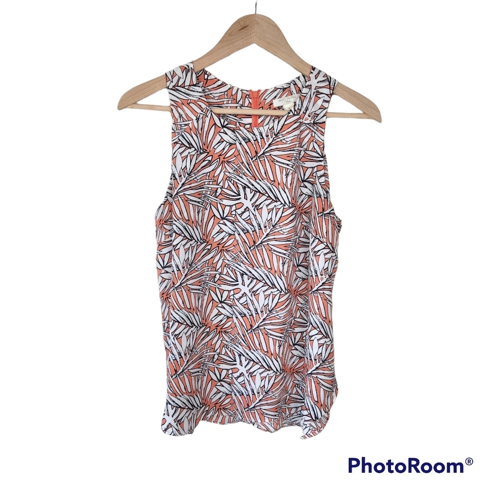 Saint Tropez West Orange White Palm Leaf Tropical Sleeveless Blouse Top Sz S